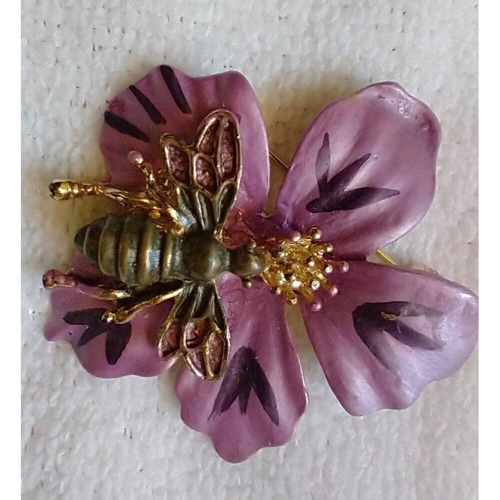 Vintage-Style Enamel Bumblebee & Purple Flower Brooch/Pendant